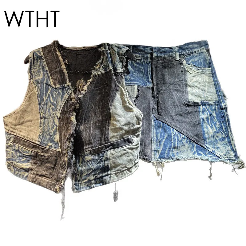

WTHT Vintage Fashion Women's Wash Patchwork Burr Edge Design Denim Vest High Waist A-line Skirts Female 2025 Summer 1LS1980
