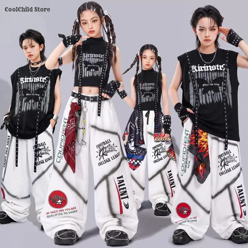 Girls K-pop Crop Top Letters Pants Boys Vest Streetwear Children Hip Hop Street Dance Costumes Kids Girl Group Jazz Clothes Sets