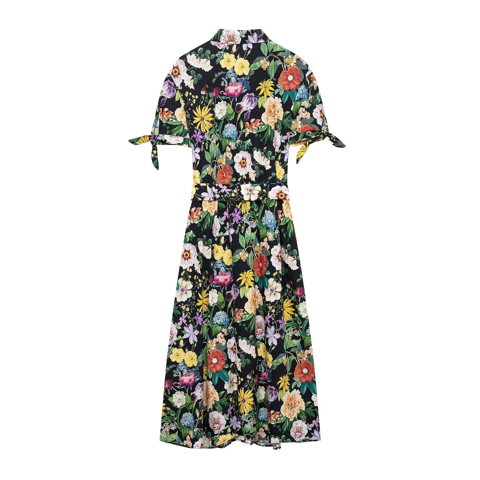 Women's Casual Poplin Short Sleeve A-Line Midi Dress Elegant Floral Print Lapel with Belt Spring Resort Dress