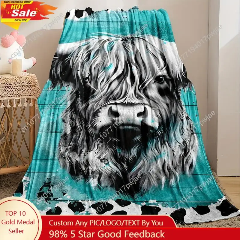 

Cozy Soft Highland Cow Flannel Fleece Blanket - Chunky Knit Farmhouse Style Polyester Throw for Bed Sofa Custom blankets