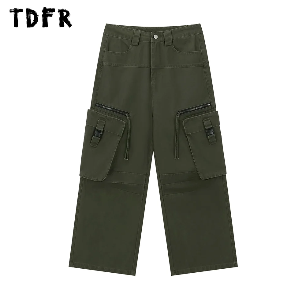 Multi-Pocket Cargo Pants Mens Zipper Decoration Safari Style Loose Straight Wide Leg Pants Men Trousers