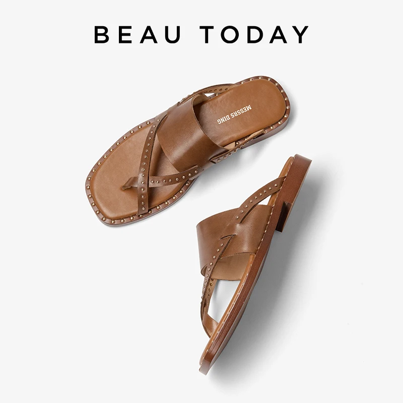 

BEAUTODAY Casual Filp Flops Women Genuine Sheepskin Leather Revrt Cross Strap Open Toe Solid Silppers Outdoor Ladies Shoes 36341