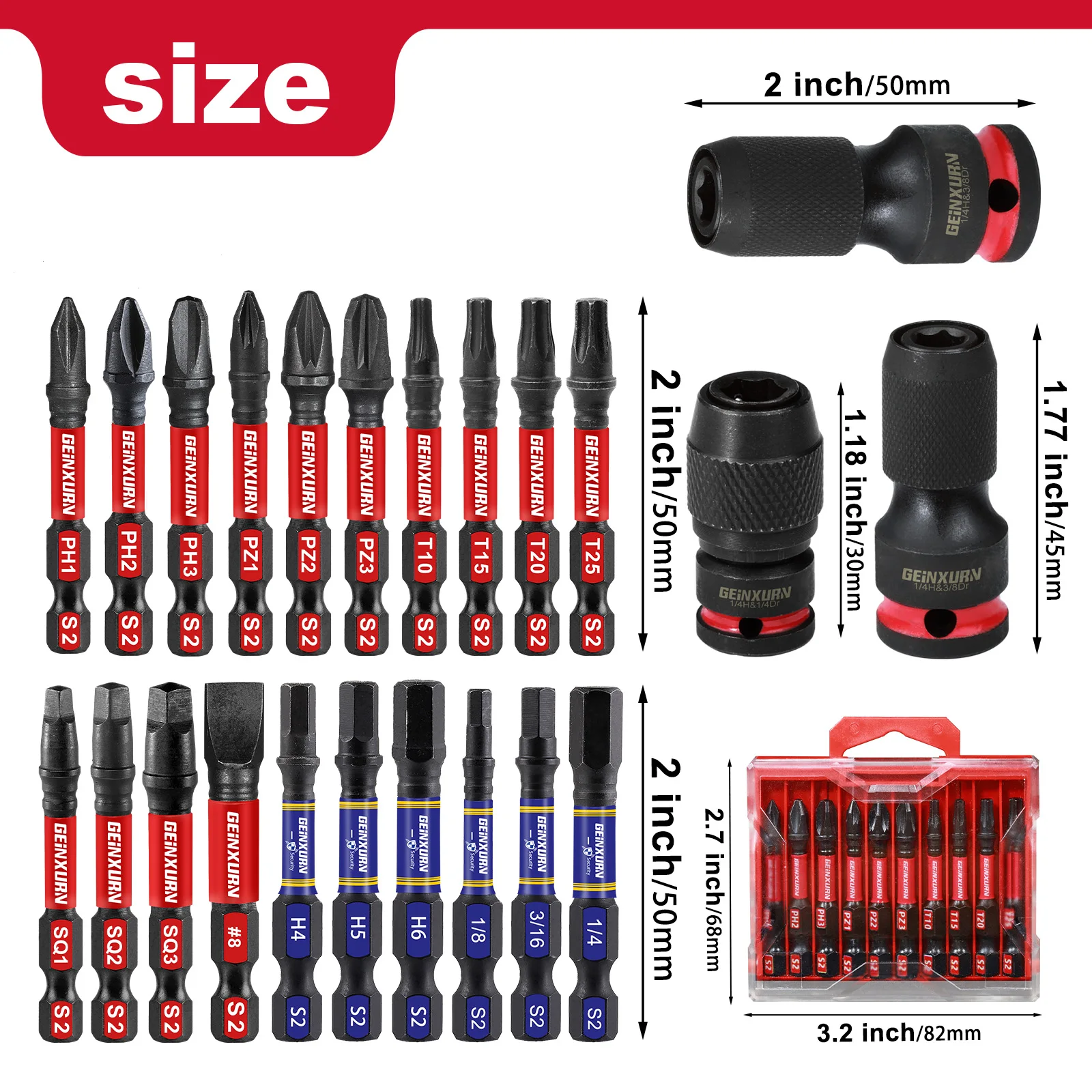 Geinxurn Impact Screwdriver Bit Holders Include 1/2,3/8 and 1/4-inch Square Drive to 1/4-Inch Quick Release Hex Socket Adapter