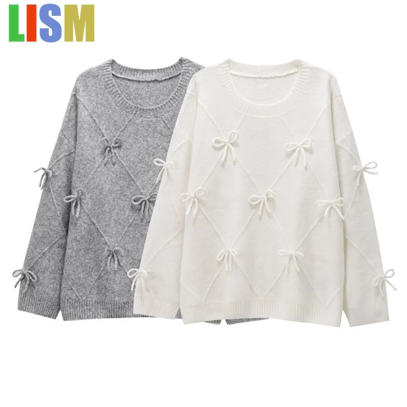 

LISM bow Cozy Sweaters Prairie Chic Solid Bow Pullovers Knit Long Sleeve Pullovers Y2k Vintage Top Women's Autumn Sweater
