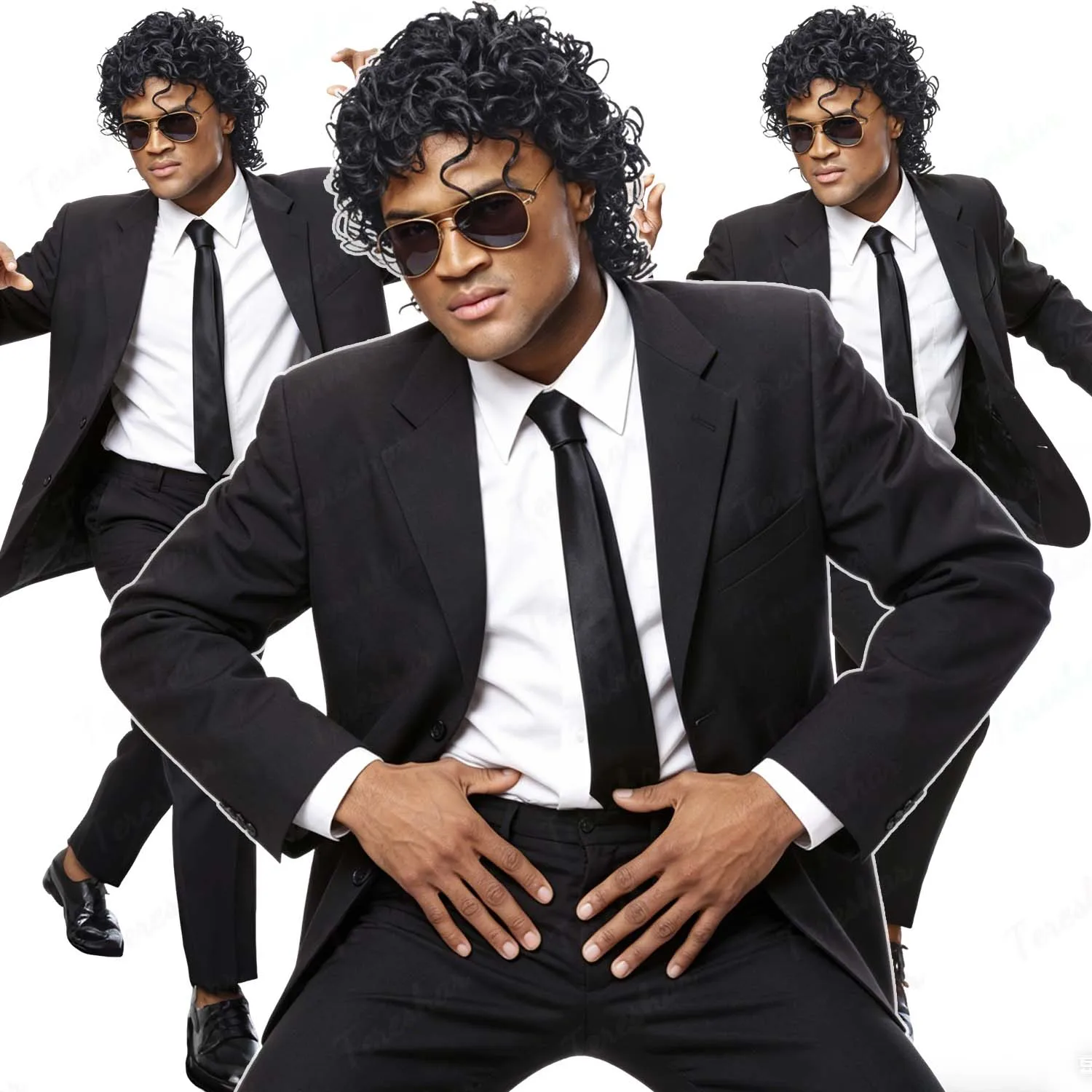 Synthetic Mens Black Short Curly Rocker Disco Wig with Glasses,Boys Wet Look Wig,70s Mullet Wig,Michael Jackson Role Play Wig