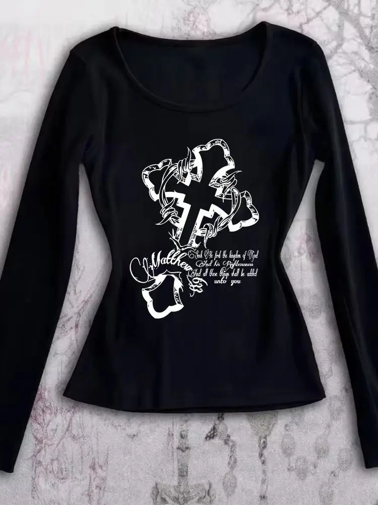 Kaus Grafis Antik Gaya Y2K Kaus Lengan Panjang Seksi Gotik Harajuku Estetika Grunge Peri Ramping Gadis Emo 2000S