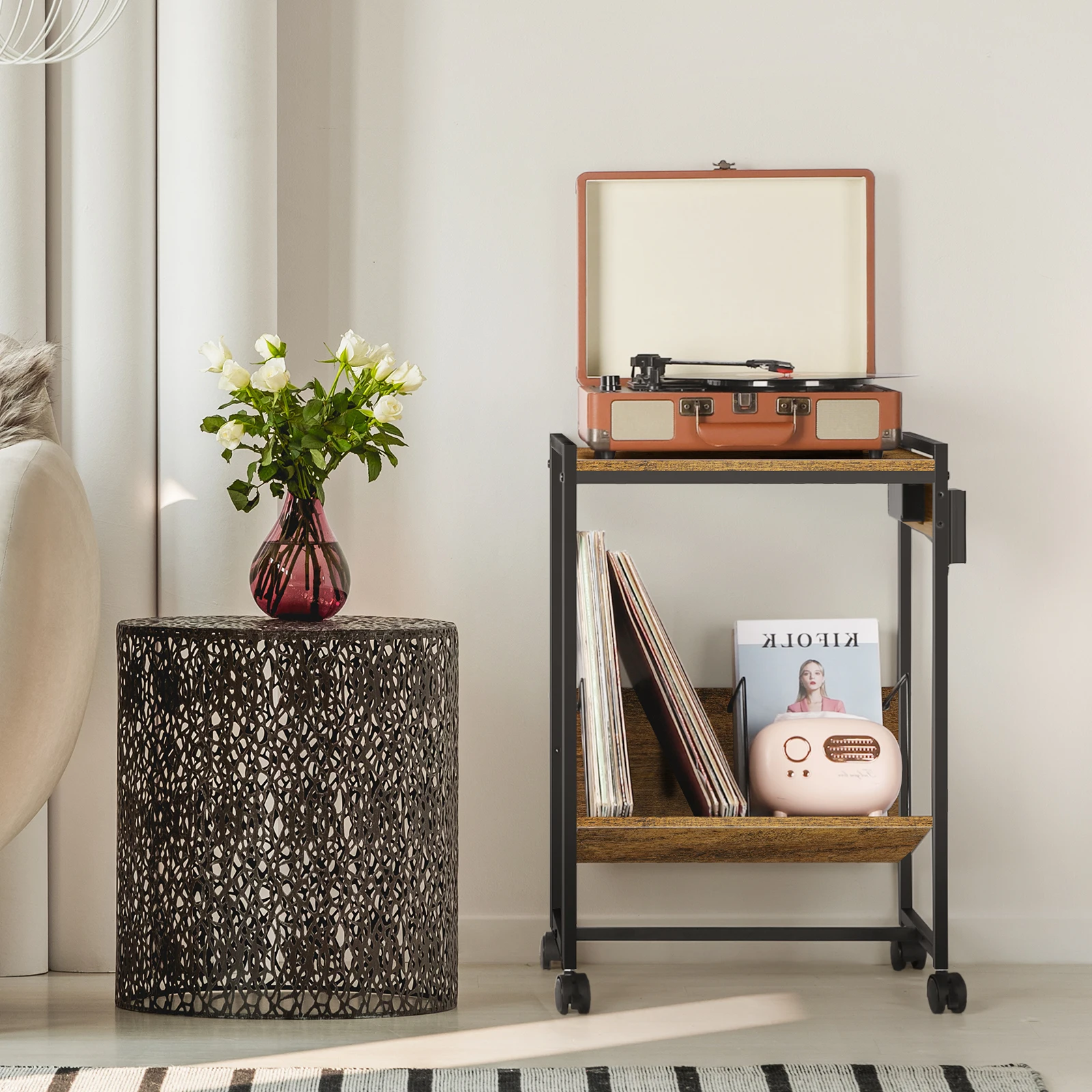 

Record Player Stand with Vinyl Storage Side Table, 2 Tier with Charging Station Record Player Table for Living Room Bedroom