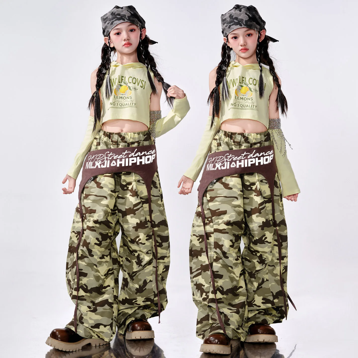

Youth Summer Hip Hop Dance Clothing Kpop Girls Navel Tops Camouflage Pants Ballroom Jazz Practice Wear Performance Suit