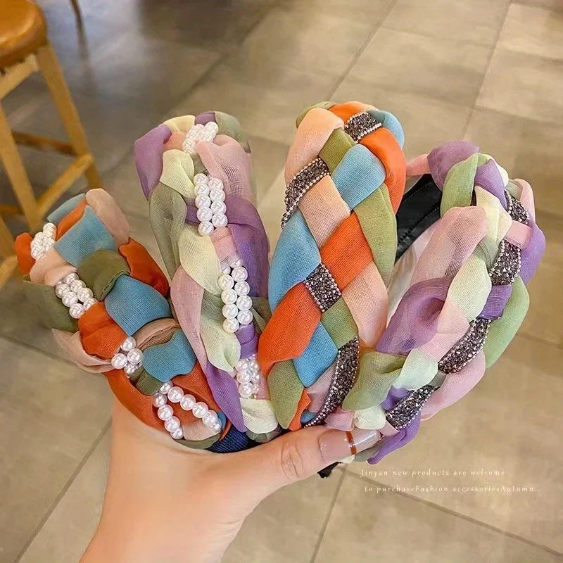 Pérola trançada bandana elegante cor design antiderrapante para mulheres meninas diariamente ao ar livre casa acessórios de cabelo headwear
