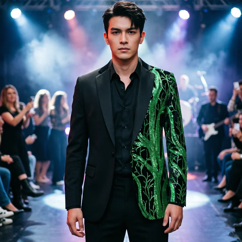 

Men's Fashion Blazer with Green Sequin Tree Design , One Button Slim Fit Suit Jacket for Stage Performance, Singer, Host, Party