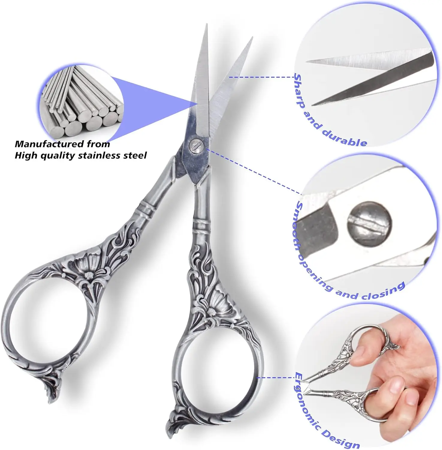 Vintage European Style Scissors Stainless Steel for Cross Stitch Cutting Embroidery Sewing Handcraft Craft Art Work DIY Tool