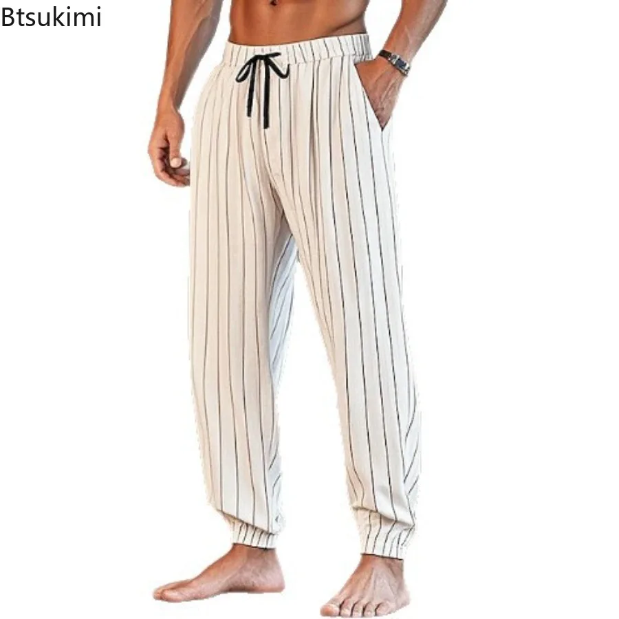 Fashion Striped Summer Linen Pants Men's Casual Breathable Beach Trousers with Pockets Simple Versatile Baggy Sweatpants for Men