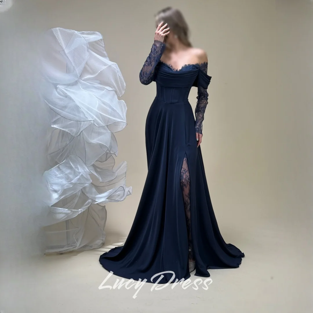 

Lucy Satin Off The Shoulder Navy Straight Evening Dress 2026 Prom Dress Formal Evening Robes de Soirée Women Elegant Banquet