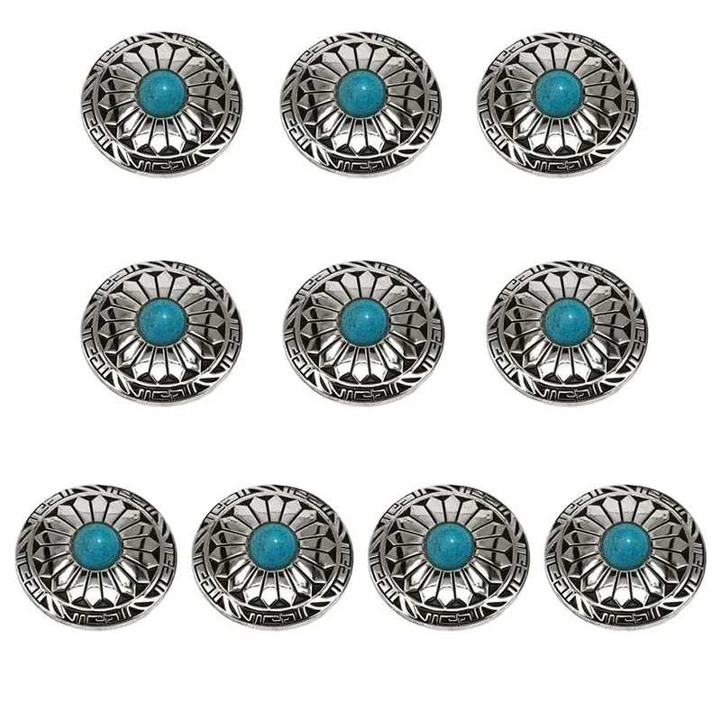 10Pcs Sunflower Decorative Buckle Turquoise Round Conchos Silver Metal Screw Button DIY Leather Goods Accessories