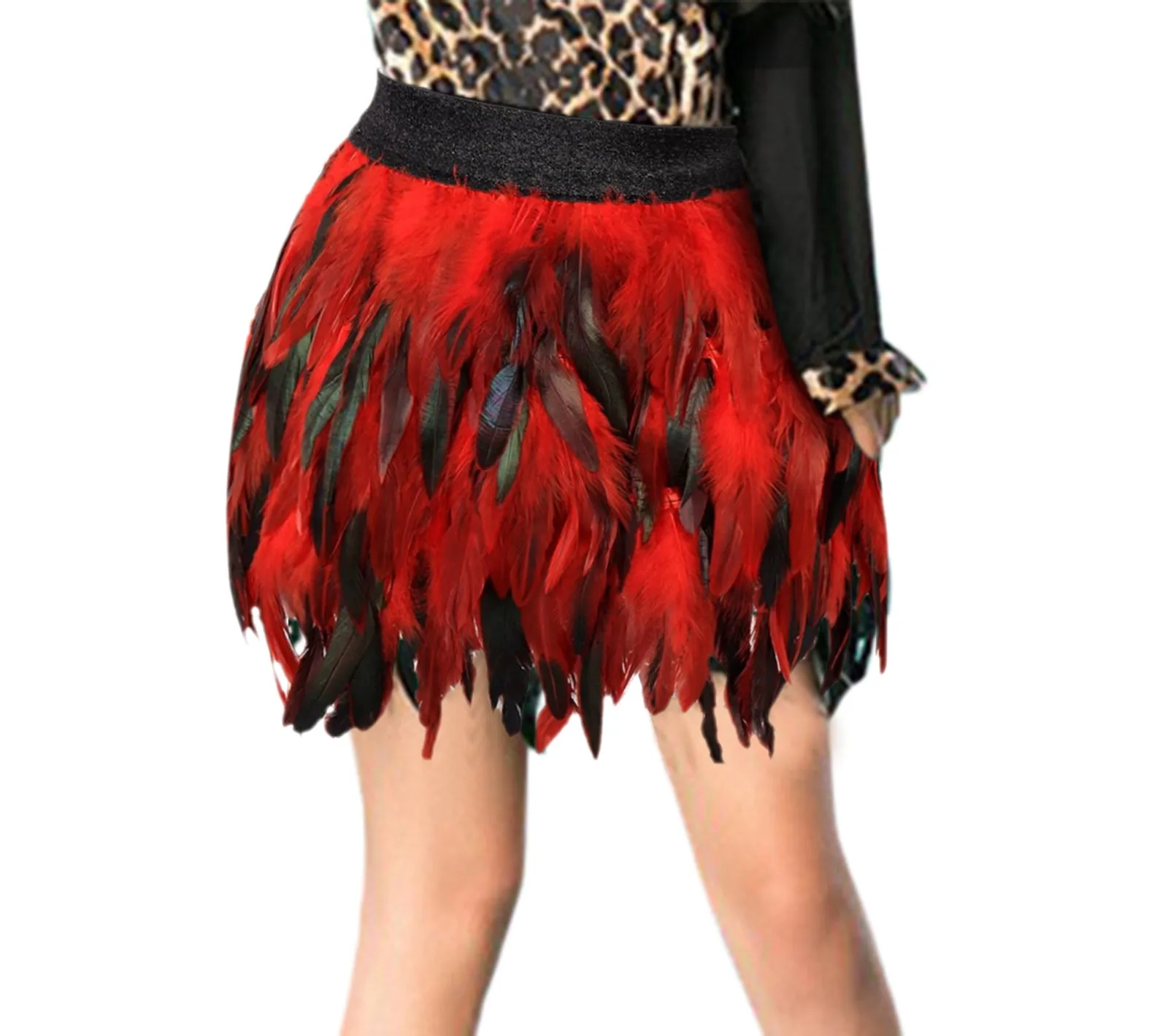 

Women Feather Costumes Elastic Waist High Street Sexy Mini Skirt New Gradient Color Evening Party Skirt Black Purple Plus Size