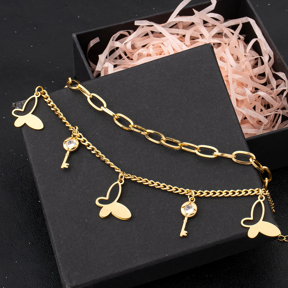 Charm-Armband Dubai Vergoldeter Edelstahl Schwarze Emaille Ineinandergreifende Kette Stern-Motiv Glücksbringer Schmuck-Accessoires 5-teiliges Set – Detail 2