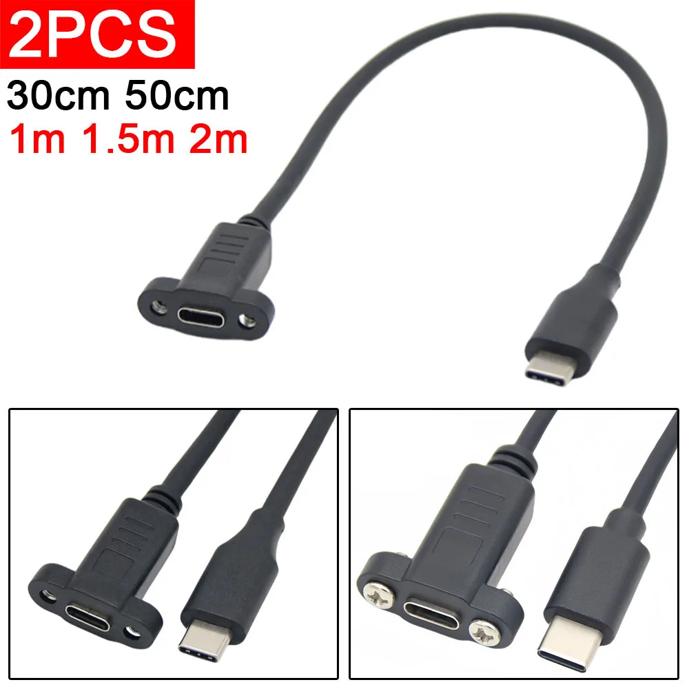 

2pcs USB C Type-C male to female extension cable Cord with panel screw hole 480Mbps For USB 3.1 Full-Featured 4K Data Cable