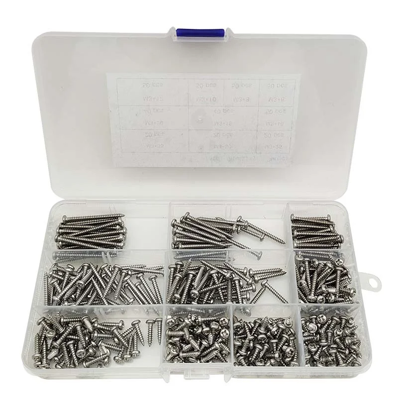 390pcs 600pcs Self Tapping Screws Assortment Kit M2 M3 M4 Round Head Phillips Drive Screws Set 304 Stainless Steel Wood Screw