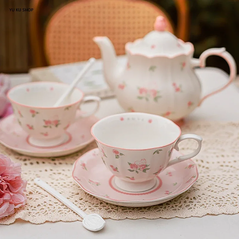 

Ceramic Teapot Set Pink Rose Coffee Cup Saucer Espresso Cups Teacup Kitchen Drinkware Coffee Mug Party Presents Birthday Gift