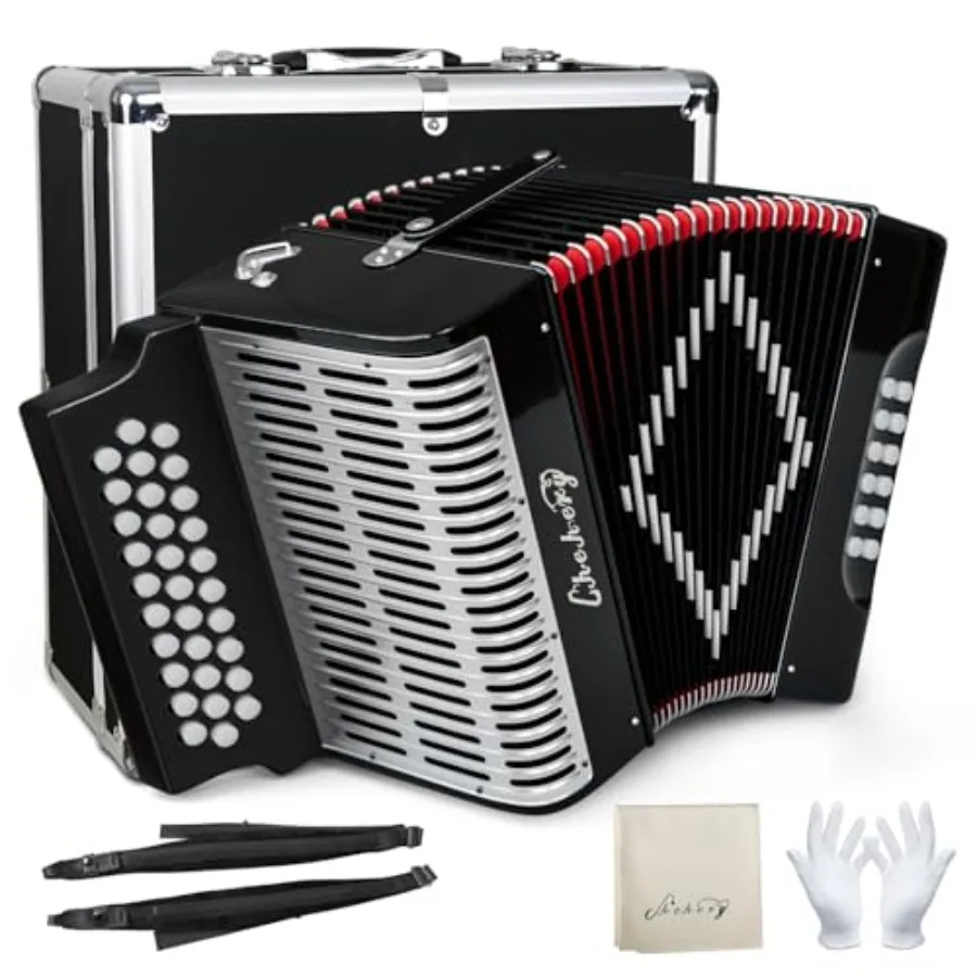 

Аккордеон 31 клавиша 12 басов, диатонический, настройка G/C/F, конструкция Push-Pull, с чехлом, ремнем, перчатками, салфеткой для чистки, черный, для начинающих и продвинутых музыкантов