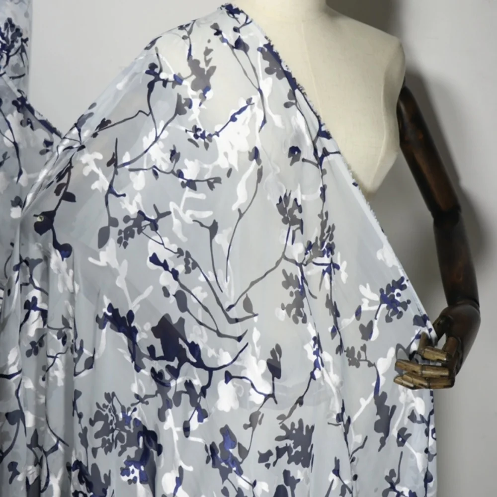 Hot Sale Light Weight Blue Base Branch Soft Ink Wash Print Silk Burn Out Fabric for Women Cloth Dresses Breathable Garment Pants