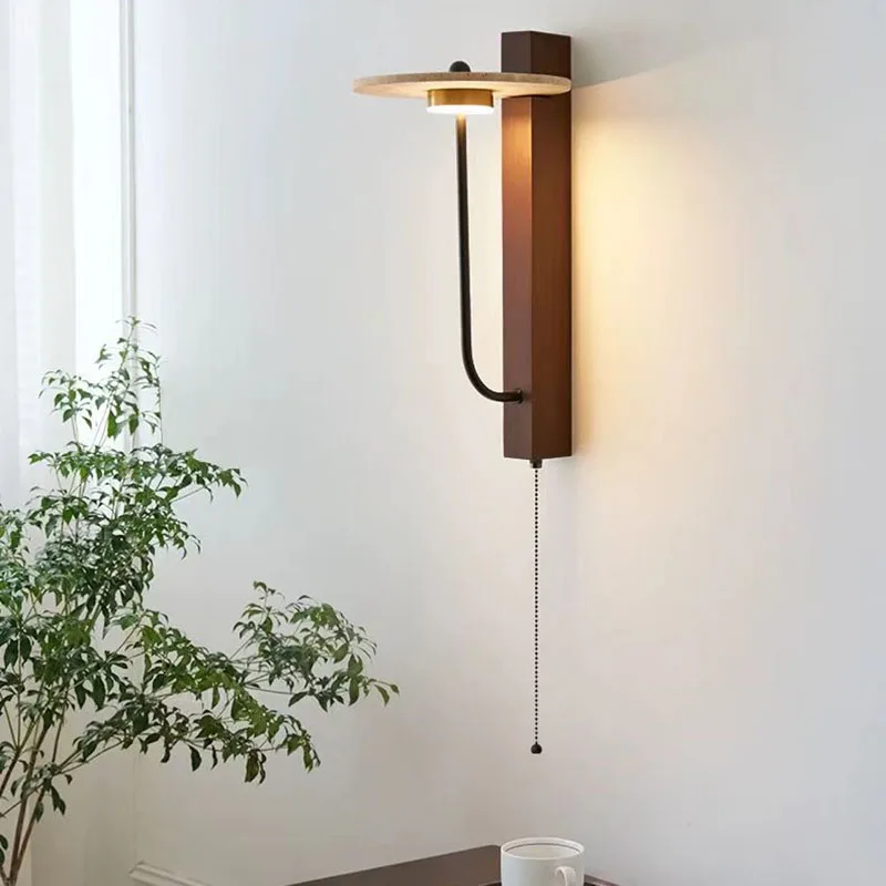 

2025 Creative Round Natural Stone Wall Light Dark Wood 3000K For Hotel Bedroom Parlor Art Deco Sconce