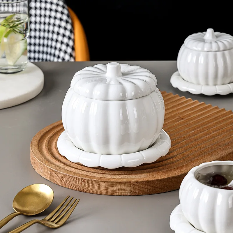 Ceramic Pumpkin Soup Bowl with Lid White Stew Pot Dessert Bowl for Steamed Egg Bird Nest Fall Tableware Home Decor