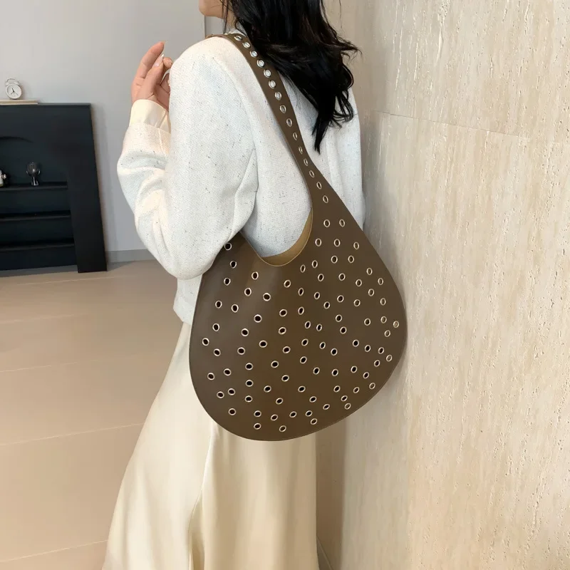 Large Capacity Rivet Tote Bag Half Moon Hobos Women Shoulder Bag Luxury Hollow Handbags 2 Bags/set Shopper Composited Bags New