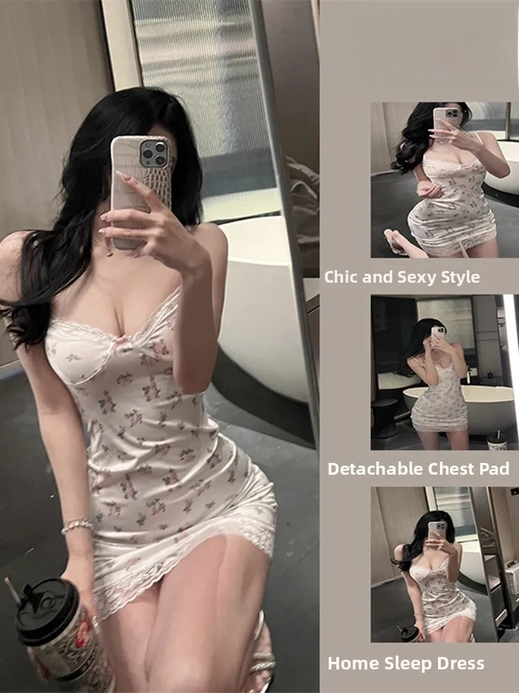 

Summer Floral Print Strapless Dress Women's Style Lace Trim Pure Desire Sexy Bodycon Dress V-neck Short Skirt Length No Sleeve