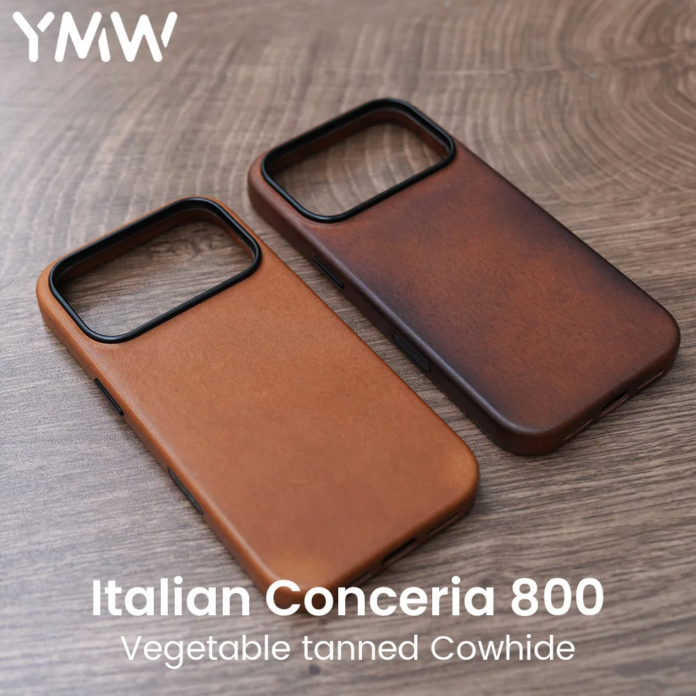 

YMW Handmade Italian Genuine Leather Case for iPhone 16 15 14 Pro Max Magnetic Luxury Business Retro Cow Phone Cover