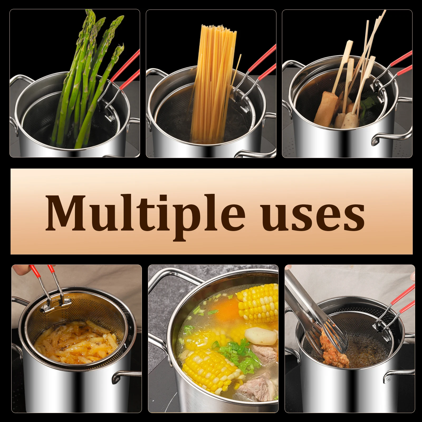 Deep Frying Pot Kitchen Fryer with Strainer Basket Stainless Steel Tempura Frying Pan Fry Pot Chicken French Fries Cooking Tools