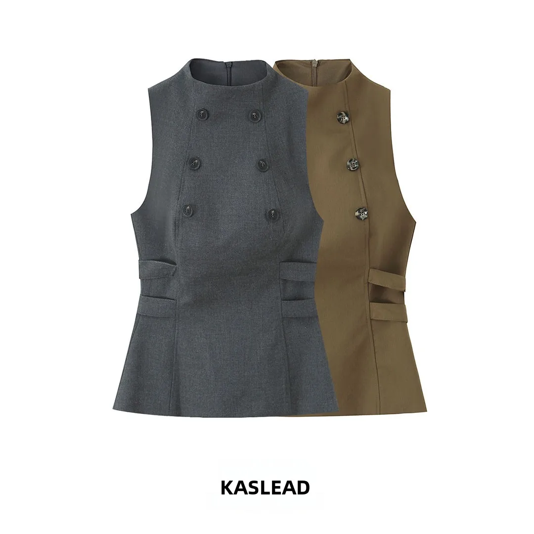 

KASLEAD Новый женский модный облегающий жилет на пуговицах с открытыми пуговицами, уличный жилет, однотонное полиэфирное волокно 00%