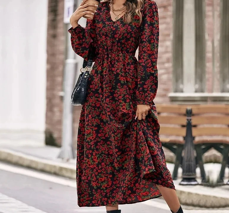 Decote em v fibra de poliéster estação independente primavera outono feminino moda elegante vermelho floral impressão manga longa vestido midi saia