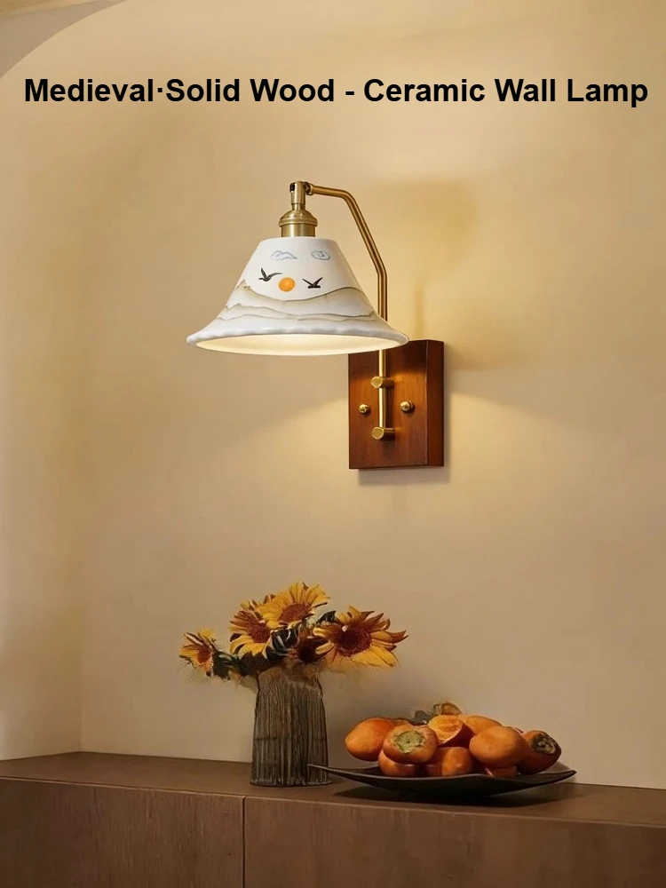 

Белый керамический светодиодный настенный светильник в винтажном стиле с отделкой под орех, поворотный вверх-вниз, для спальни, прикроватный, светодиодный, для коридора, гостиной, декоративный светильник