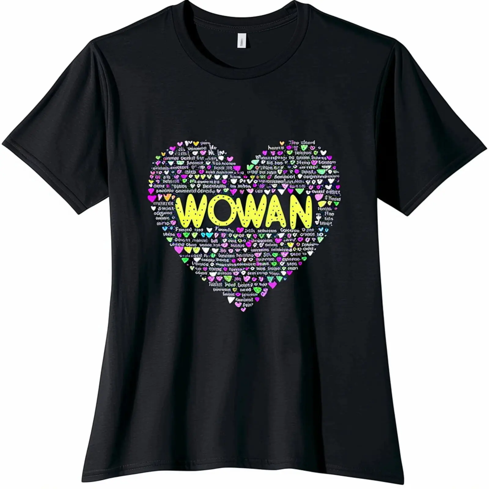 Colorful 'WOMAN' Heart Graphic Black T Shirt Elevate Your Wardrobe