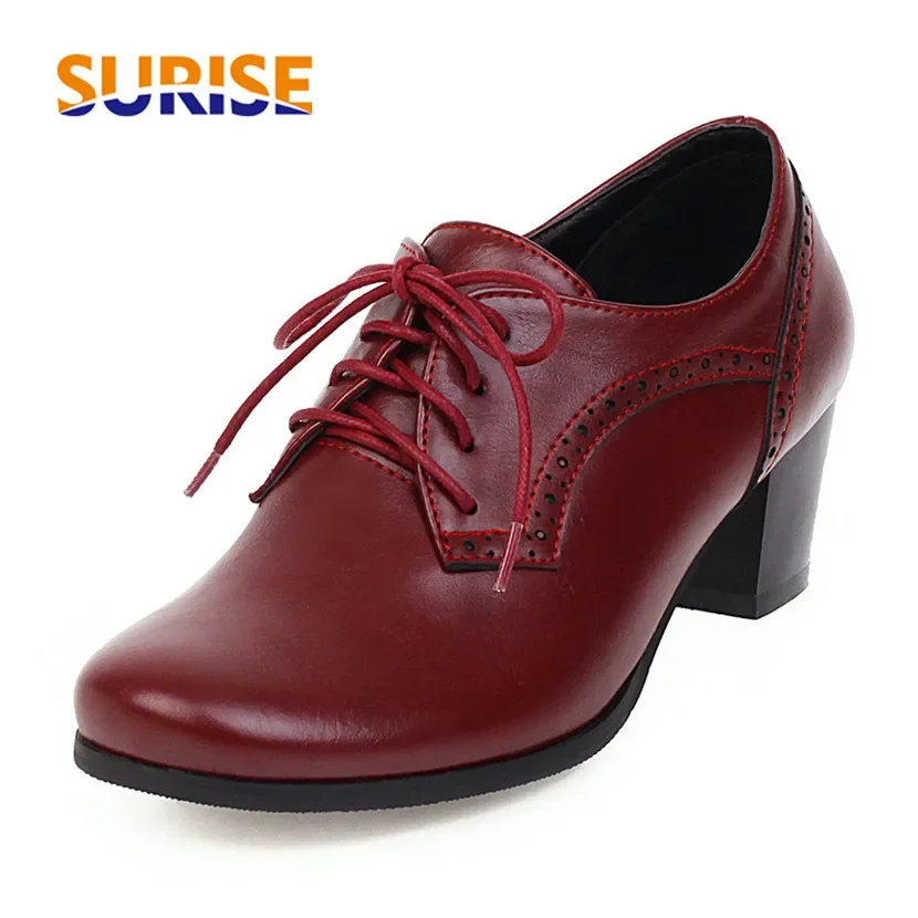 Britische Damen-Derby-Schuhe in Rotbraun mit Hohem Quadratischem Absatz, Brogues für Büro und Freizeit, Vintage Schnürschuhe mit Runder Spitze für Reisen
