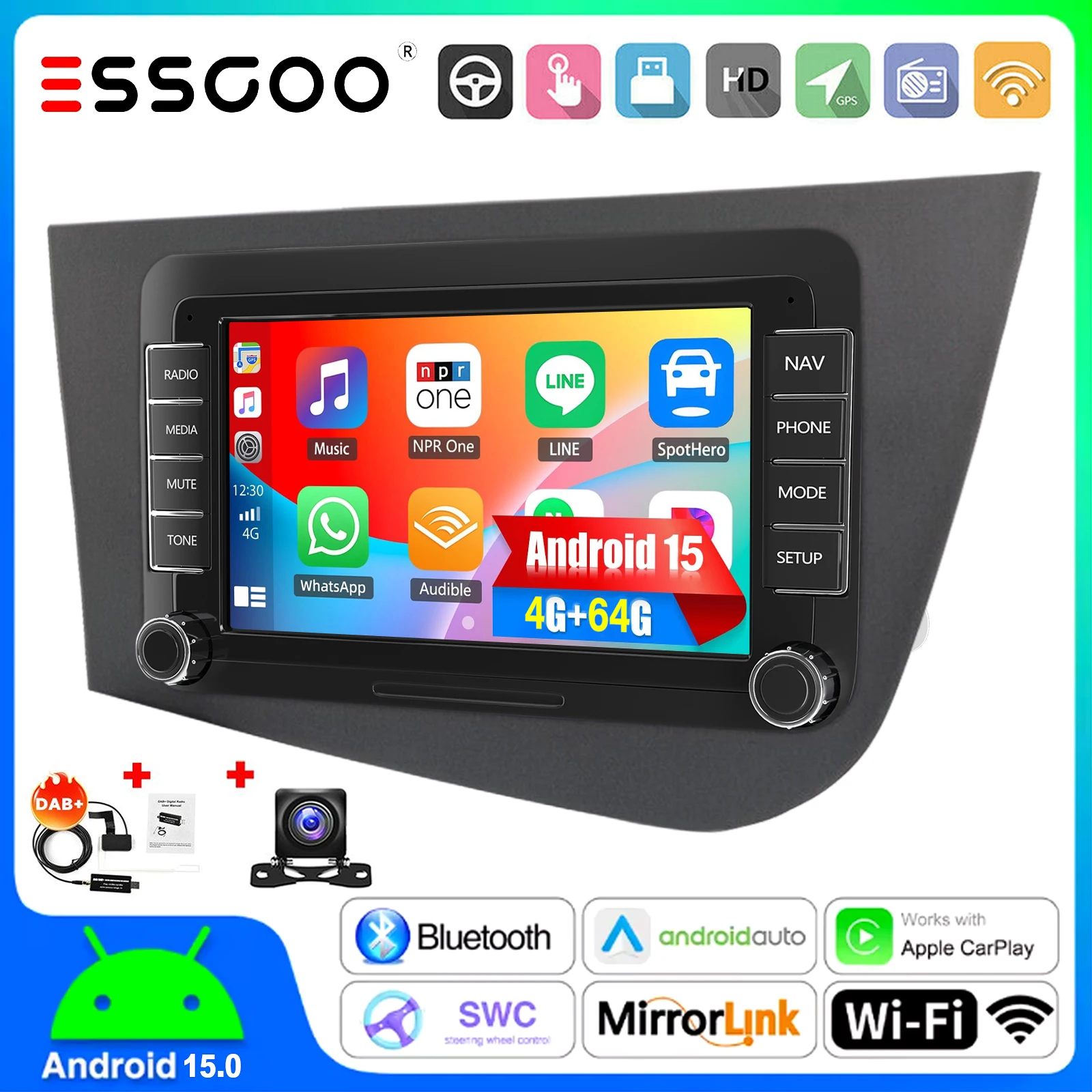 ESSGOO 7'' 32/64GB Android 15 Für Seat Leon 1P1 05-11 Touchscreen GPS Navi WIFI RDS Kabelloses Carplay Android Auto AI Sprachsteuerung Headunit