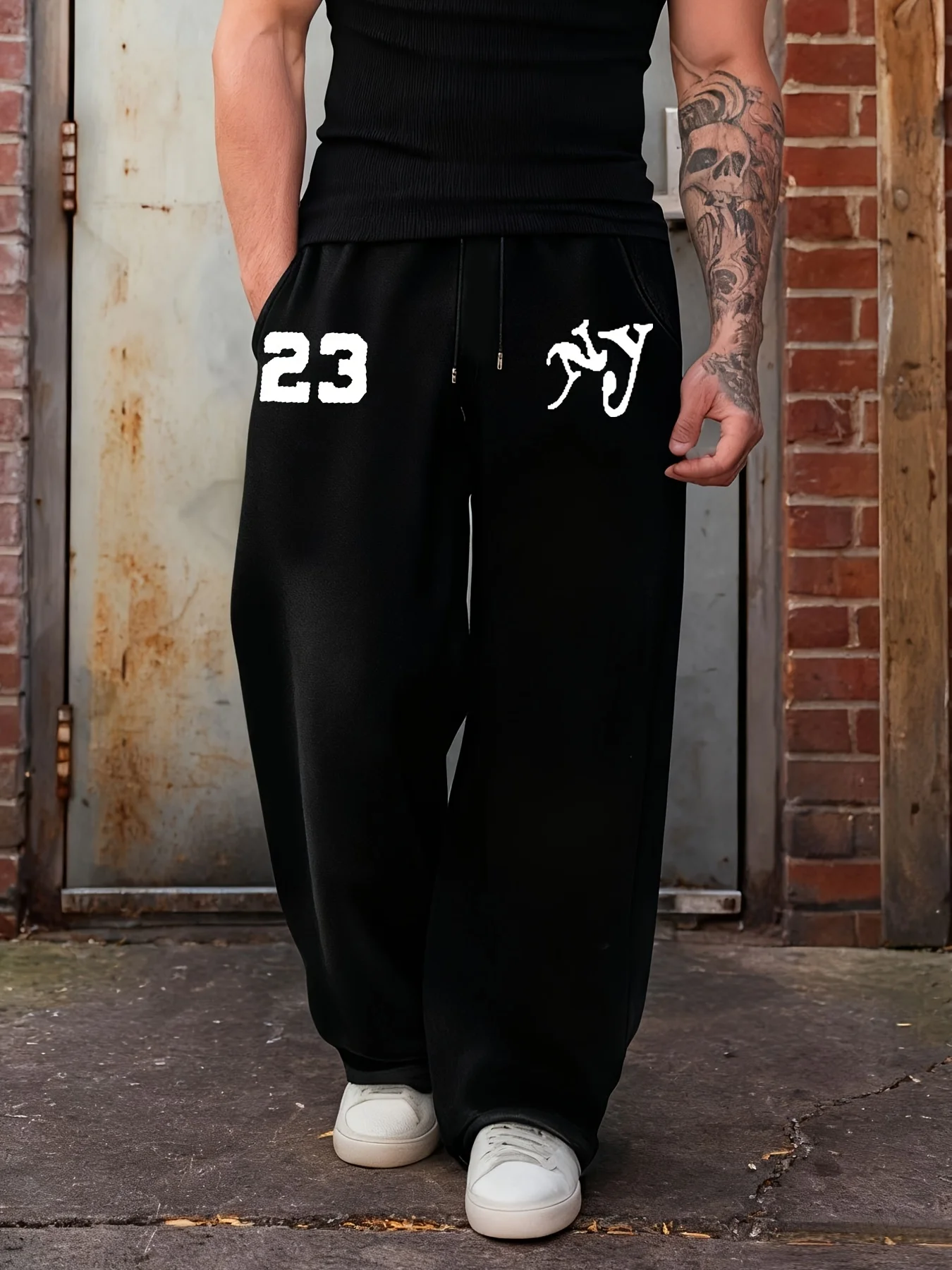 

2025 Men's Black Jogging Pants, New York Logo and Number 23 Print, Hip Hop Basketball Style Sweatpants, Oversized Street Pants,
