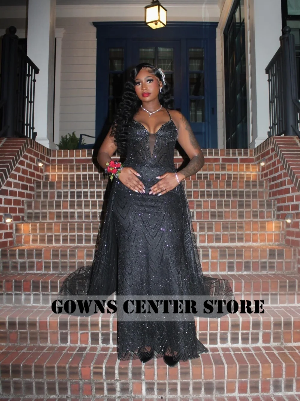 Gillter Black Beaded Mermaid 2026 Prom Dress Aso Ebi Halter Graduation Dress Black Girl Birthday Reception Gown Customized