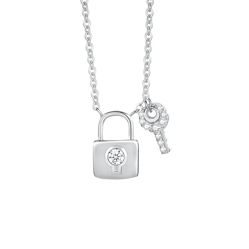 

Lock Key Necklace Female S925 Sterling Silver Retro Europe and The United States Punk Collarbone Chain Full of Diamond Pendant