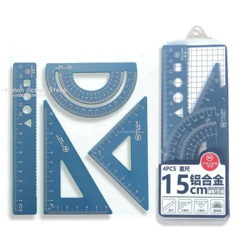 4Pcs/Set Aluminium Ruler Set Metal/Plastic/Soft Geometry Maths Drawing Compass Stationery Rulers Mathematical for School