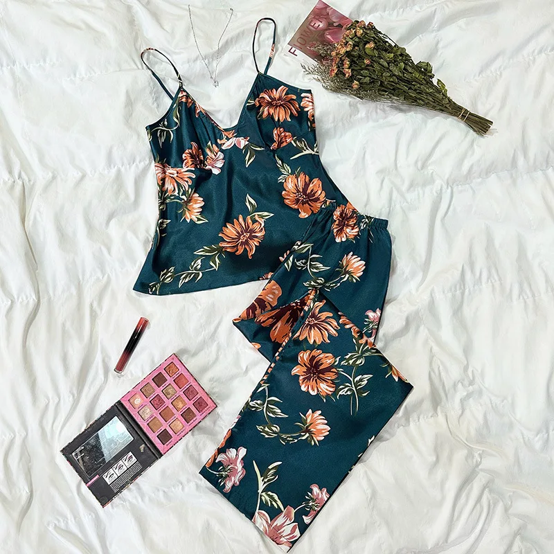 

Женские пижамы с шелковым узором и подтяжками, свободный удобный комплект из двух предметов с цветочным принтом, тонкие шорты для дома