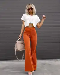 Fashionable Retro Women's Slightly Flared Pants Autumn And Winter Solid Color High Waist Button Slim Pants For Dating And Office