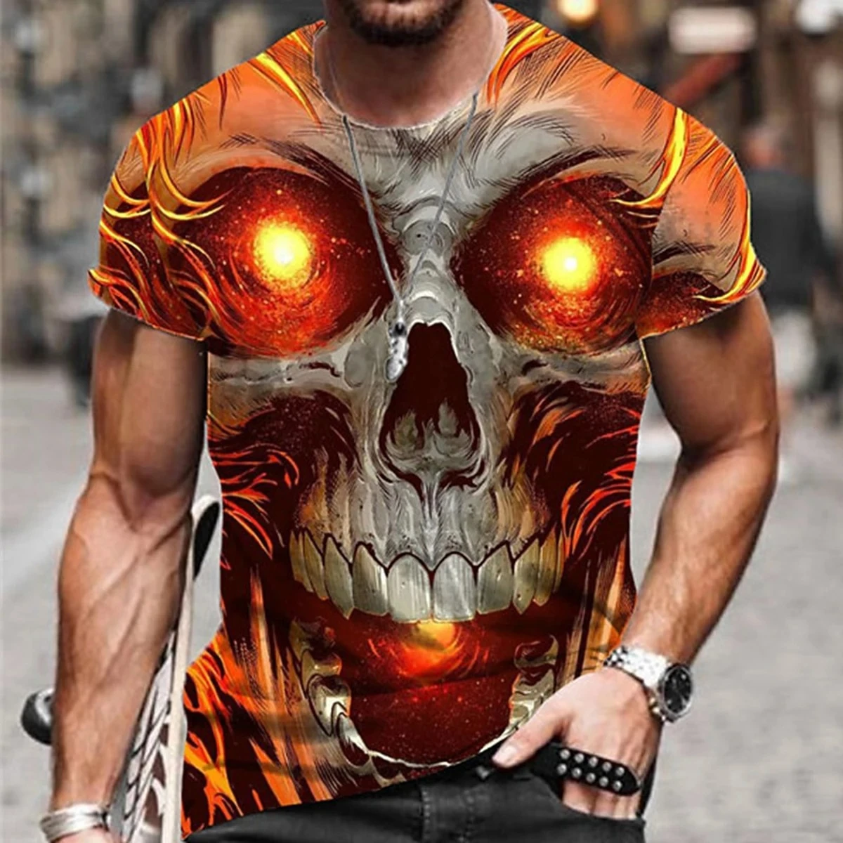 Men's T‑Shirt Halloween Sports 3D Neutral Skull Print Round Neck Casual Comfortable Fashion Short Sleeve Top
