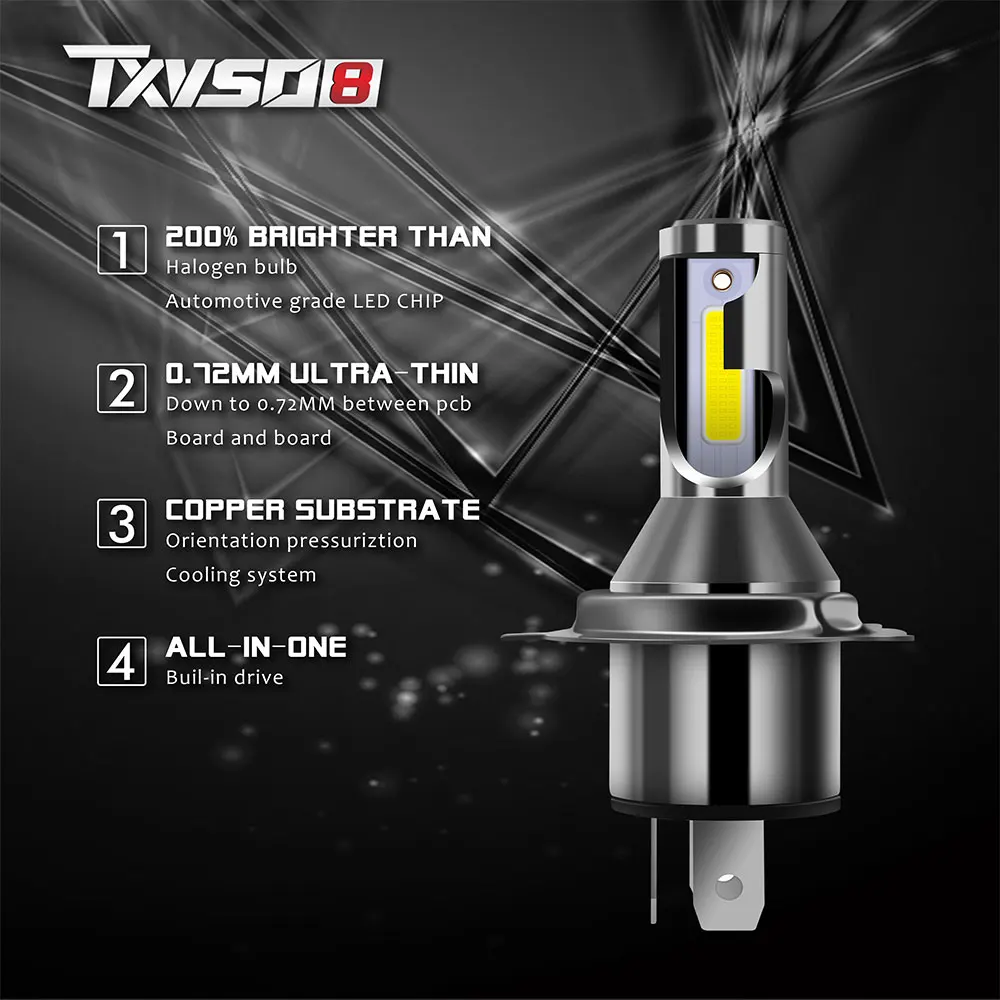 TXVSO8 H4 LED ไฟหน้าหลอดไฟ 26000LM ต่อชุด 6000K สีขาวสําหรับ High และ Low Beam Hi/Lo Plug and Play สําหรับรถจักรยานยนต์รถบรรทุก