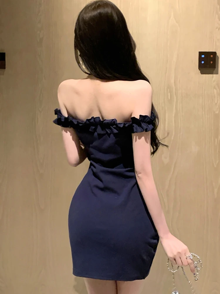 Kobiety Solid Bodycon Chic Ruffled Chest Wrapping Sexy Dress Summer Elegant Hip Wrap Dress 2025 Korean Vintage Festival Prom Dress