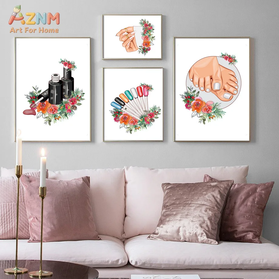 AZNM Nails by Rachel Floral Manicure Canvas Poster, Frameless Sweet Nail Salon Art Print Wall Decor For Beauty Studio Nail Shop
