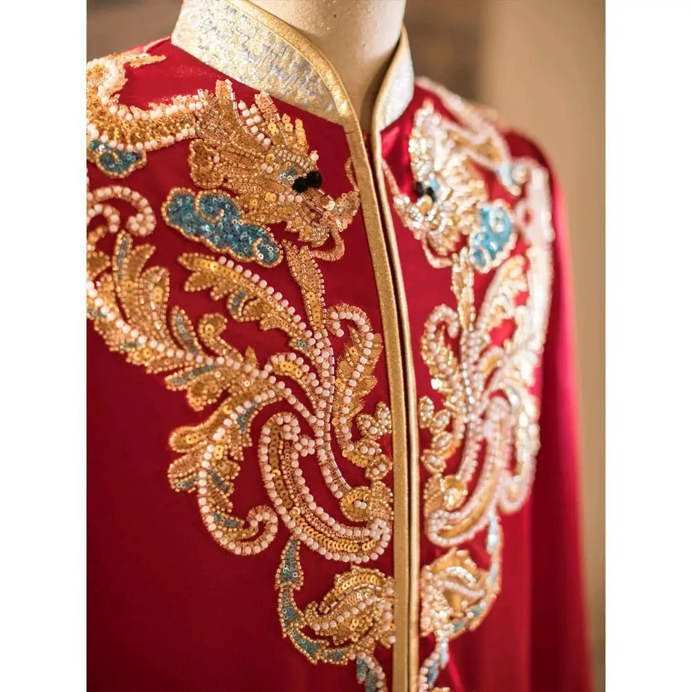 

Vintage Loose Cheongsam Traditional Xiuhe Dress Men's Groom Gold Red Costume Chinese Wedding Retro Tang Gown Robe Oriental Mens