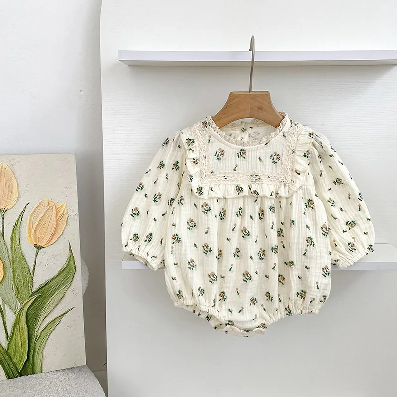 2025 Newborn Baby Girl Sister Outfit Korean Style Floral Print Long Sleeve Romper with Lace Trim Infant Girls Casual Party Dress