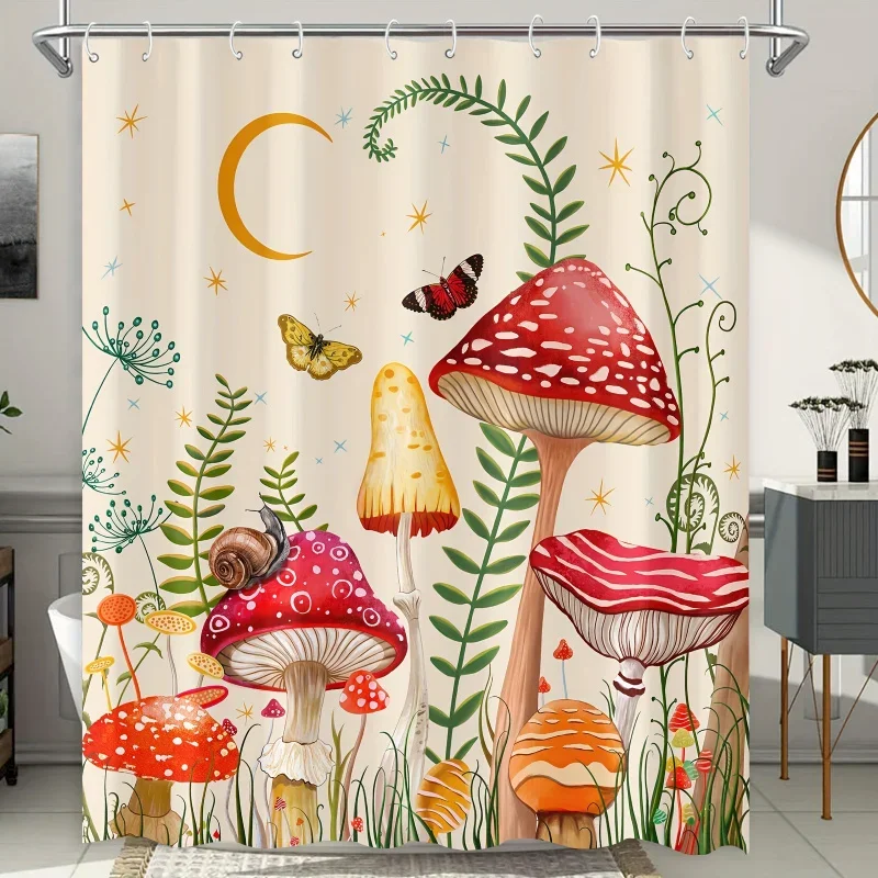 1pc Extra Long Mushroom Curtain, Floral Butterfly Waterproof Fabric Bathroom Shower Curtains, Aesthetic Moon Flower Plant